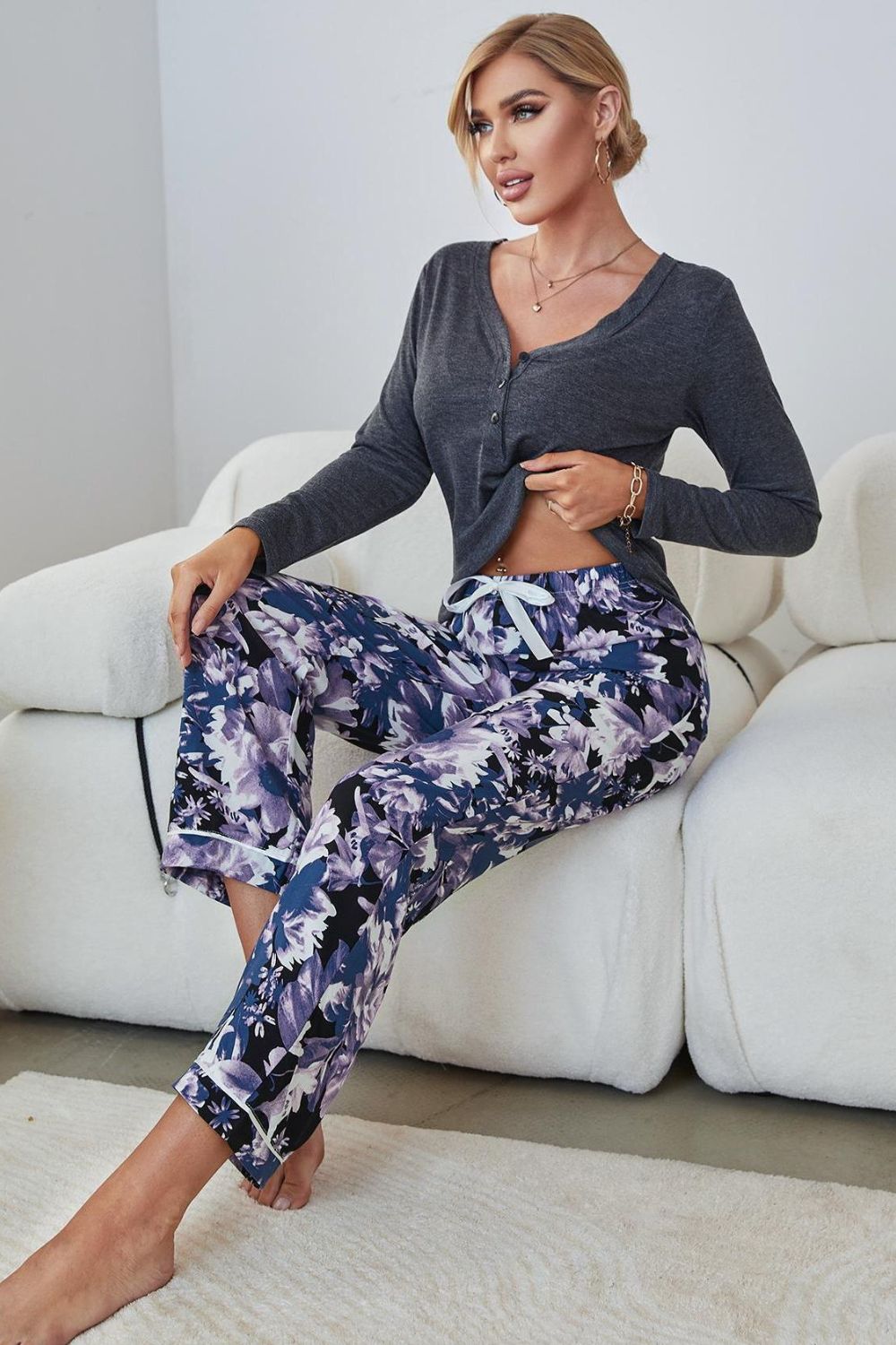 V-Neck Henley Top and Floral Pants Lounge Set-Teresa&#39;s Fashionista LLC