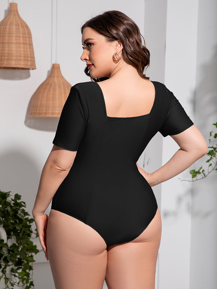 Plus Size Scoop Neck Short Sleeve One-Piece Swimsuit-Teresa&#39;s Fashionista LLC