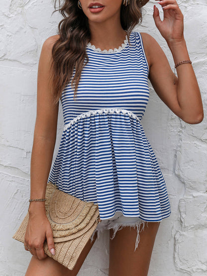 Striped Lace Trim Round Neck Tank-Teresa&#39;s Fashionista LLC