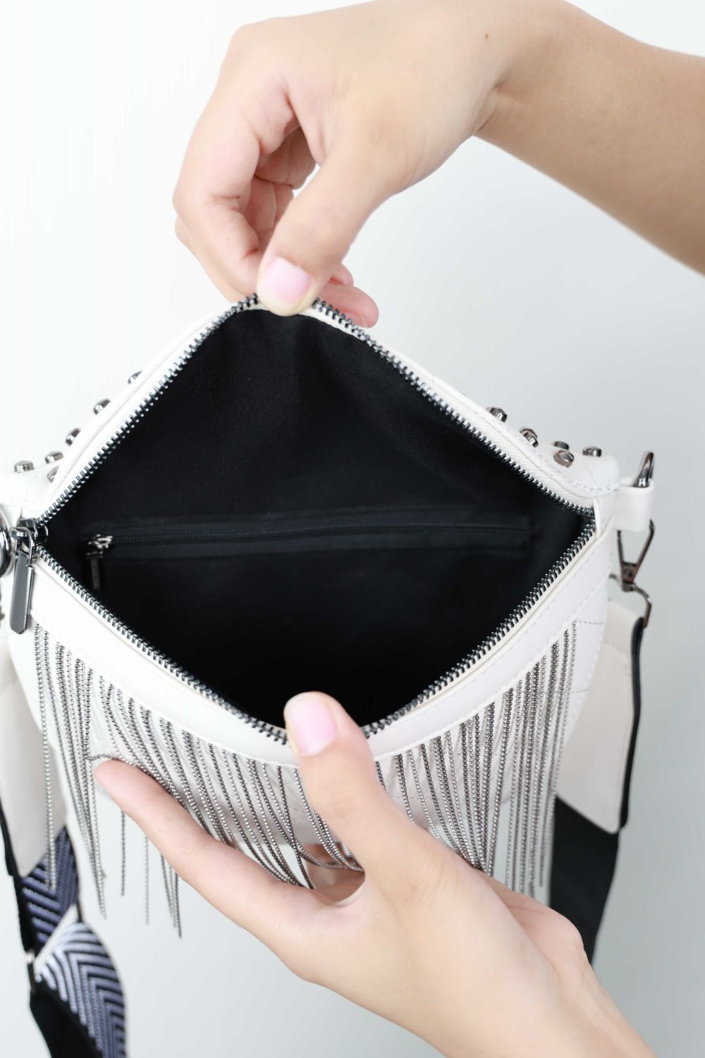 PU Leather Studded Sling Bag with Fringes-Teresa&#39;s Fashionista LLC