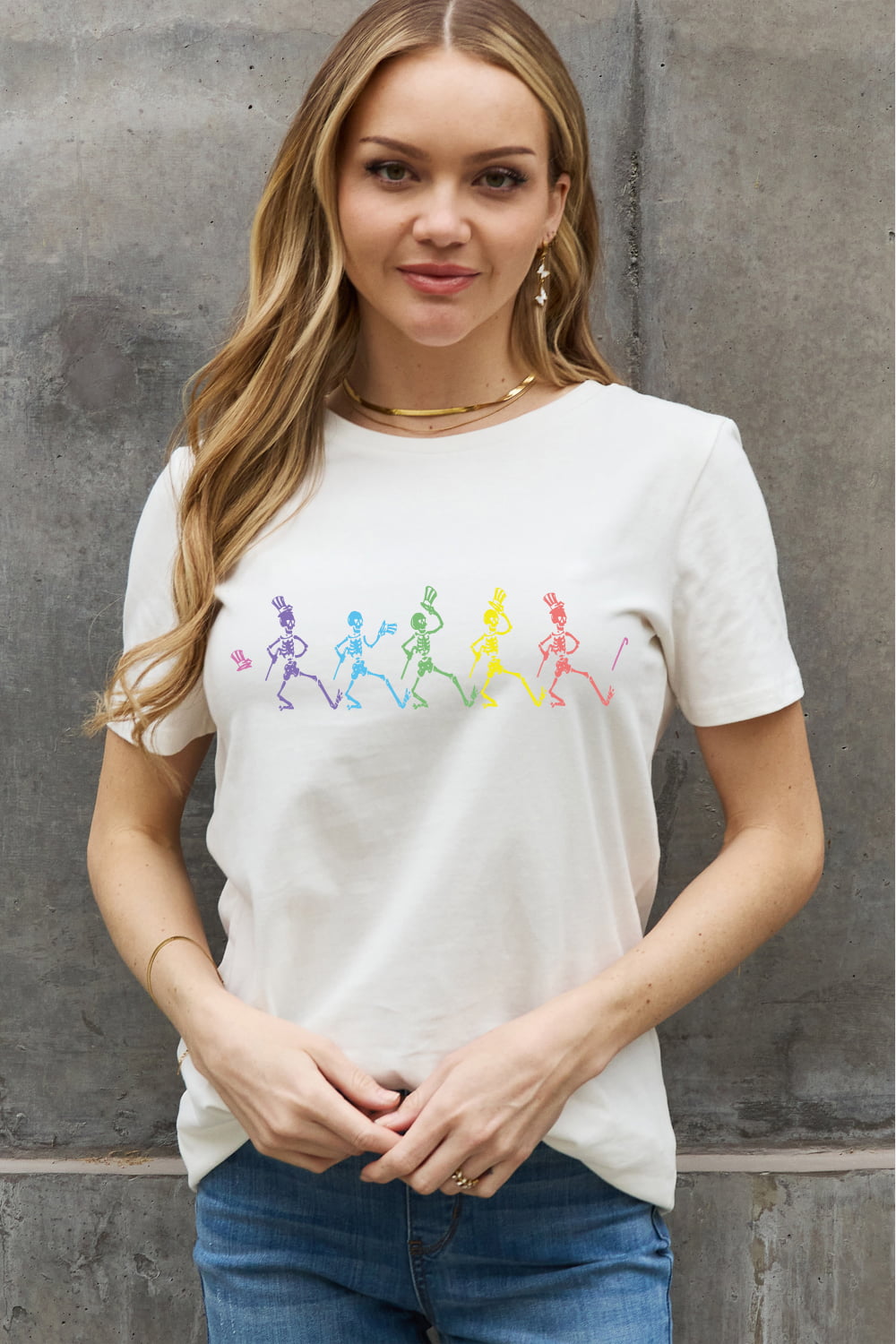 Simply Love Full Size Dancing Skeleton Graphic Cotton Tee-Teresa&#39;s Fashionista LLC