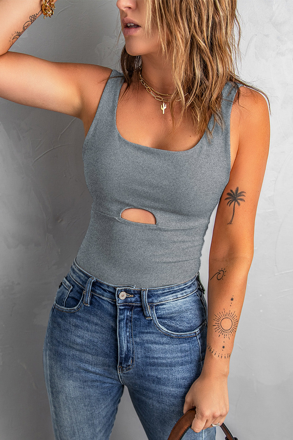 Heathered Cutout Scoop Neck Tank-Teresa&#39;s Fashionista LLC