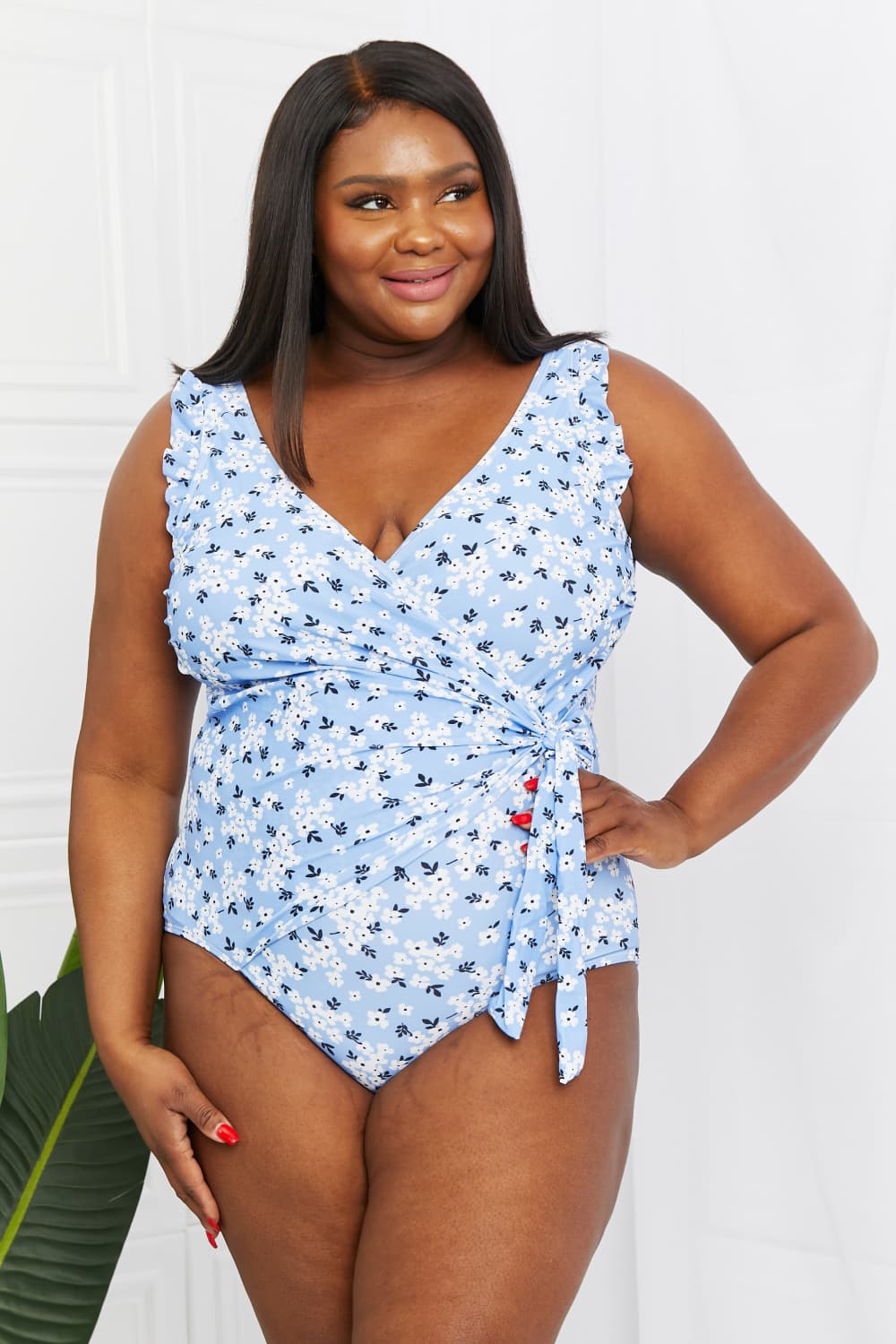 Marina West Swim Full Size Float On Ruffle Faux Wrap One-Piece in Blossom Blue-Teresa&#39;s Fashionista LLC