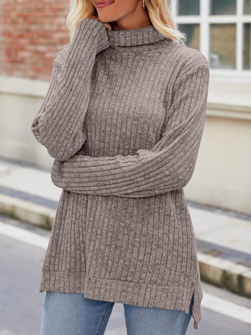 Ribbed Turtleneck Long Sleeve Slit Knit Top-Teresa&#39;s Fashionista LLC