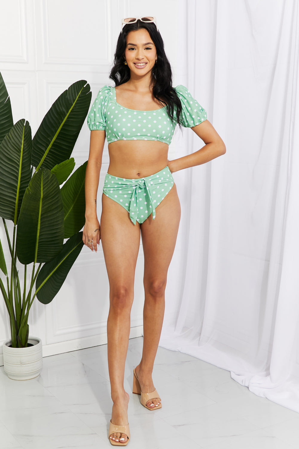 Marina West Swim Vacay Ready Puff Sleeve Bikini in Gum Leaf-Teresa&#39;s Fashionista LLC