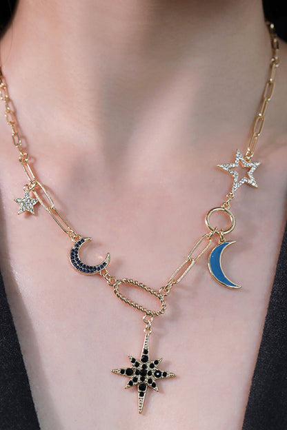 Star and Moon Rhinestone Alloy Necklace-Teresa&#39;s Fashionista LLC