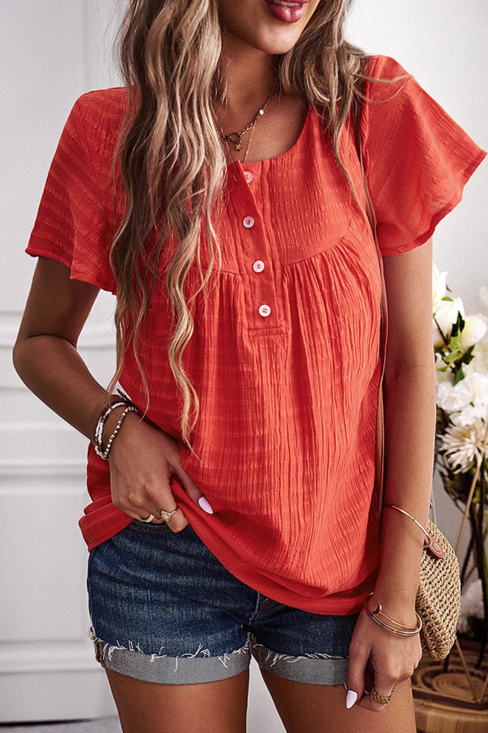 Quarter-Button Round Neck Short Sleeve Top-Teresa&#39;s Fashionista LLC