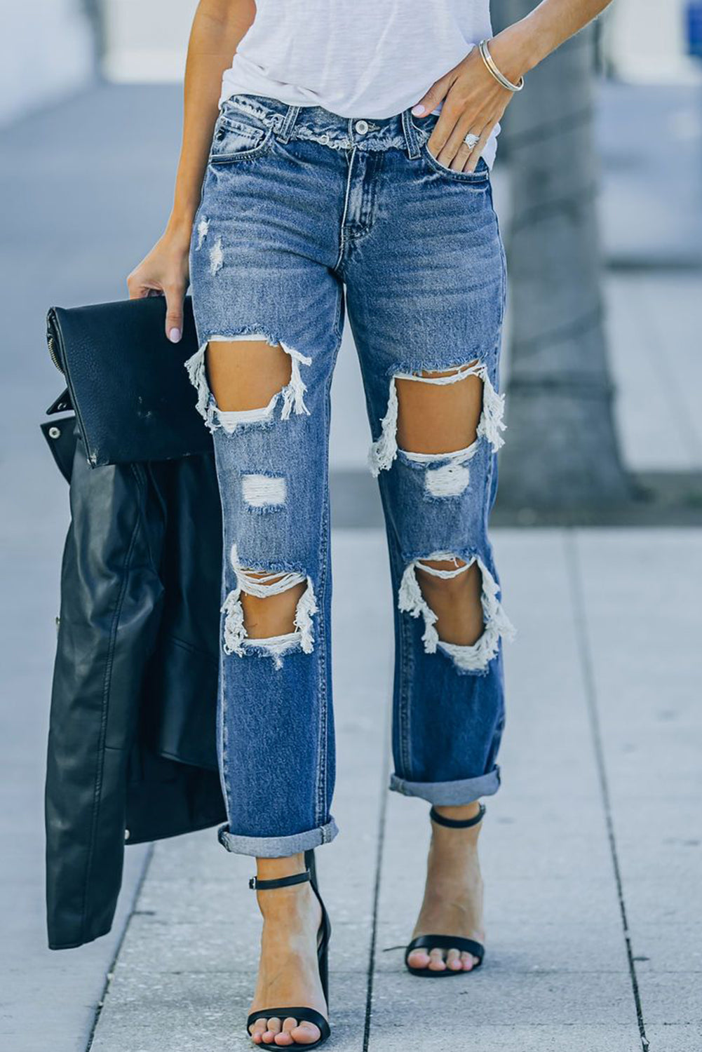 Distressed Frayed Trim Straight Leg Jeans-Teresa&#39;s Fashionista LLC