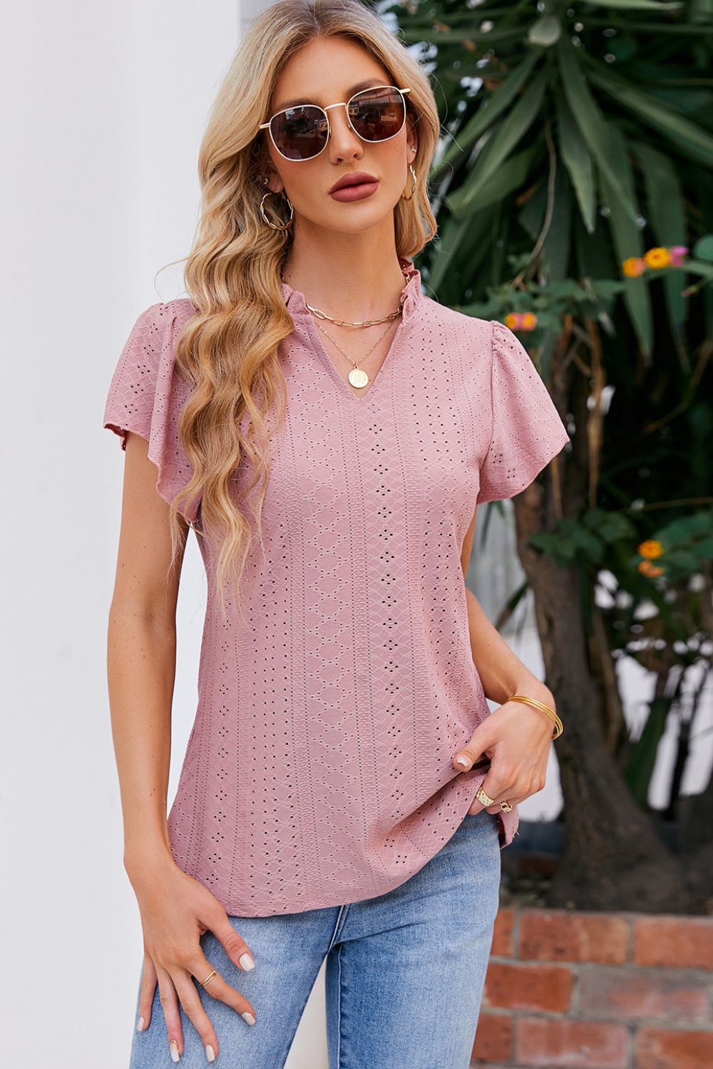 Notched Neck Puff Sleeve Blouse-Teresa&#39;s Fashionista LLC