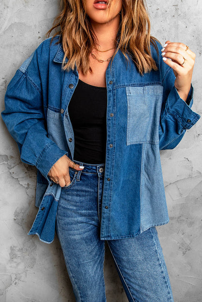 Color Block Snap Denim Jacket-Teresa&#39;s Fashionista LLC