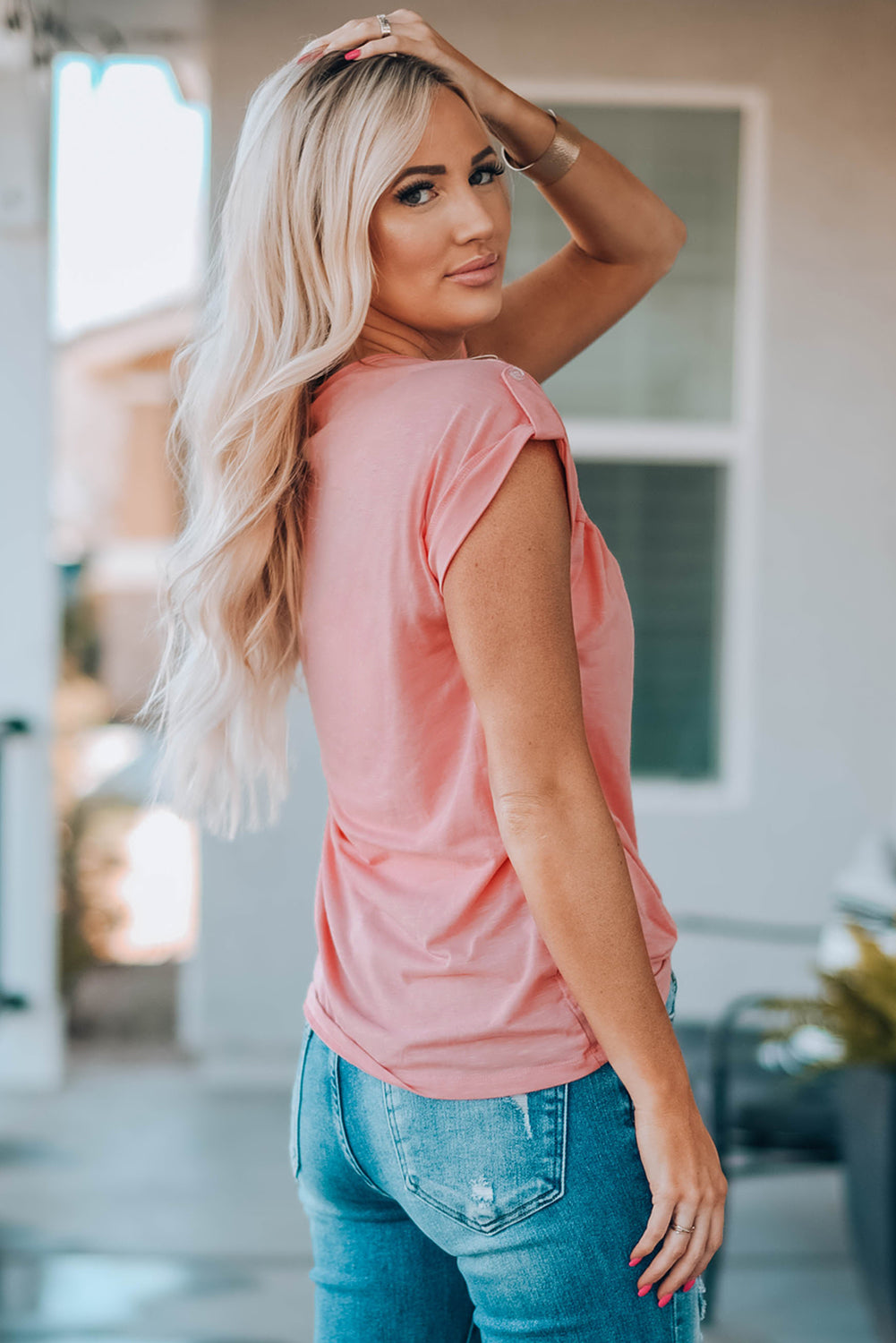 Women Buttoned Roll-Tab Sleeve Tee Shirt-Teresa&#39;s Fashionista LLC