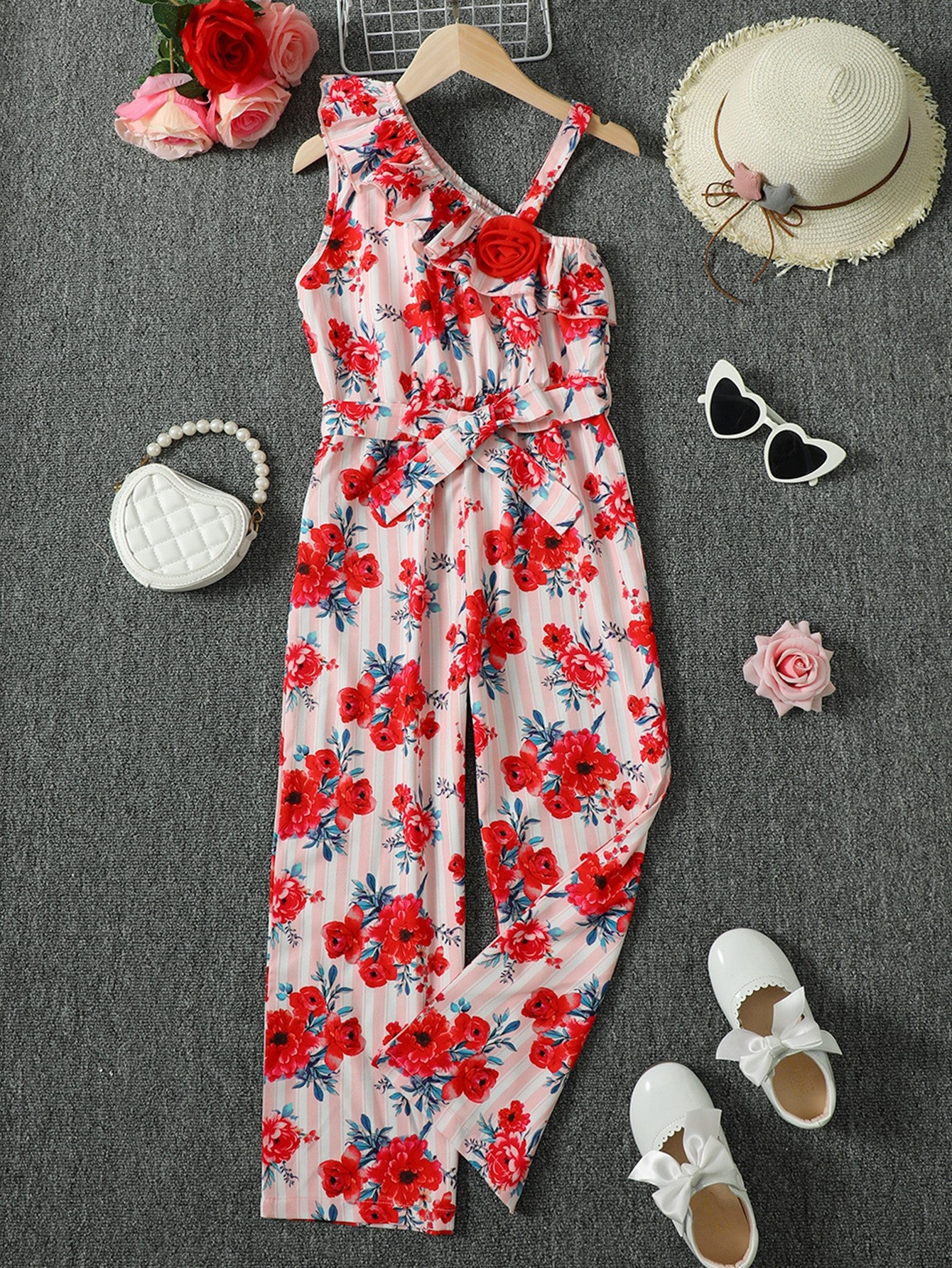 Floral Asymmetrical Neck Tie Belt Jumpsuit-Teresa&#39;s Fashionista LLC