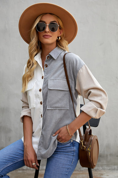 Color Block Button Front Shirt with Pockets-Teresa&#39;s Fashionista LLC