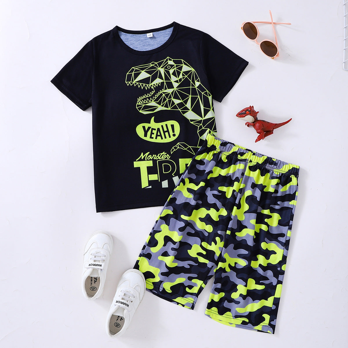 Boys Dinosaur Graphic Tee and Camouflage Shorts Set-Teresa&#39;s Fashionista LLC