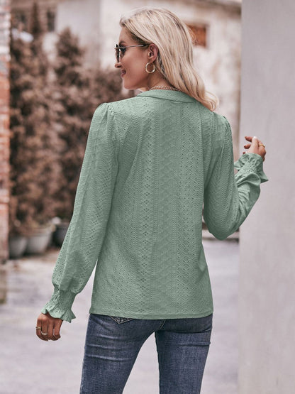 Eyelet Notched Neck Flounce Sleeve Blouse-Teresa&#39;s Fashionista LLC