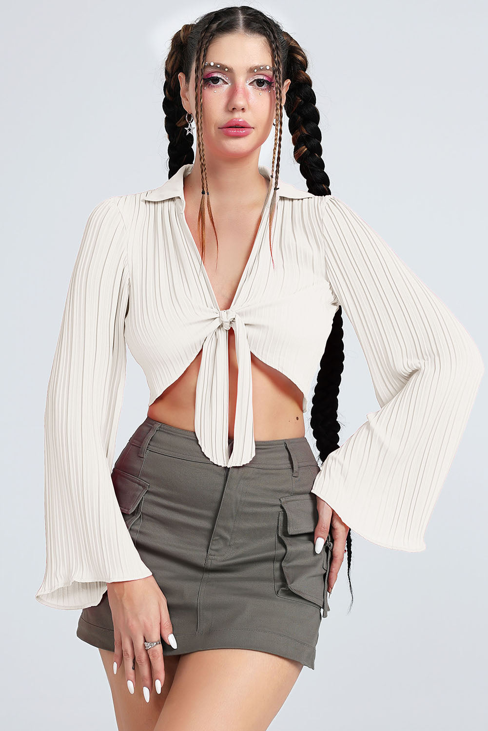 Tie Front Johnny Collar Flare Sleeve Cropped Top-Teresa&#39;s Fashionista LLC