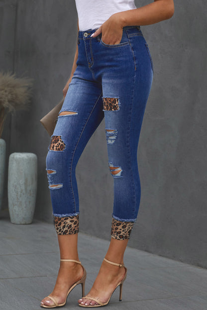 Baeful Leopard Patch Distressed Cropped Jeans-Teresa&#39;s Fashionista LLC