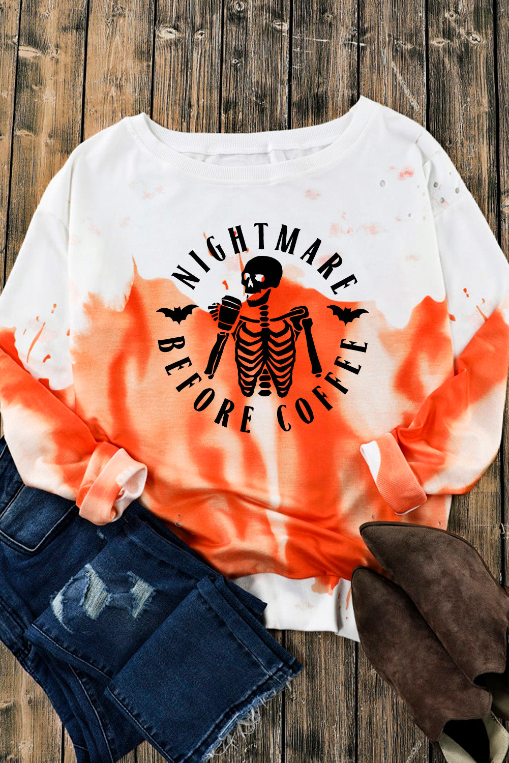 Round Neck Dropped Shoulder NIGHTMARE BEFORE COFFEE Graphic Sweatshirt-Teresa&#39;s Fashionista LLC