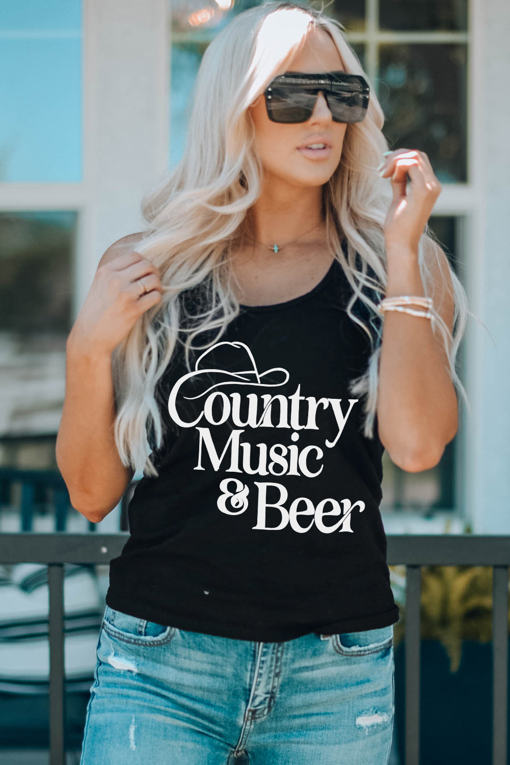 COUNTRY MUSIC & BEER Graphic Tank-Teresa&#39;s Fashionista LLC