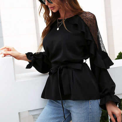 Round Neck Front Tie Flounce Sleeve Lace Cap Blouse-Teresa&#39;s Fashionista LLC