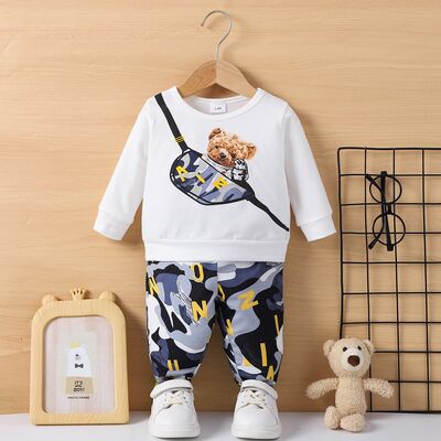 Bear Round Neck Top and Camouflage Pants Set-Teresa&#39;s Fashionista LLC