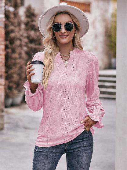 Eyelet Notched Neck Flounce Sleeve Blouse-Teresa&#39;s Fashionista LLC