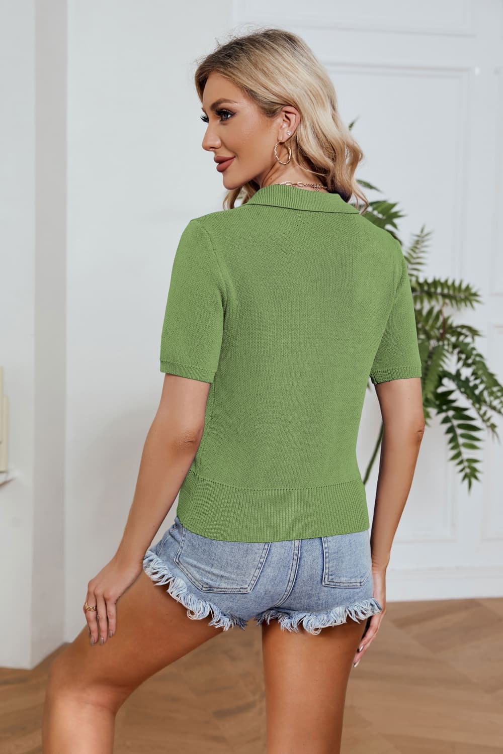 Johnny Collar Short Sleeve Knit Top-Teresa&#39;s Fashionista LLC