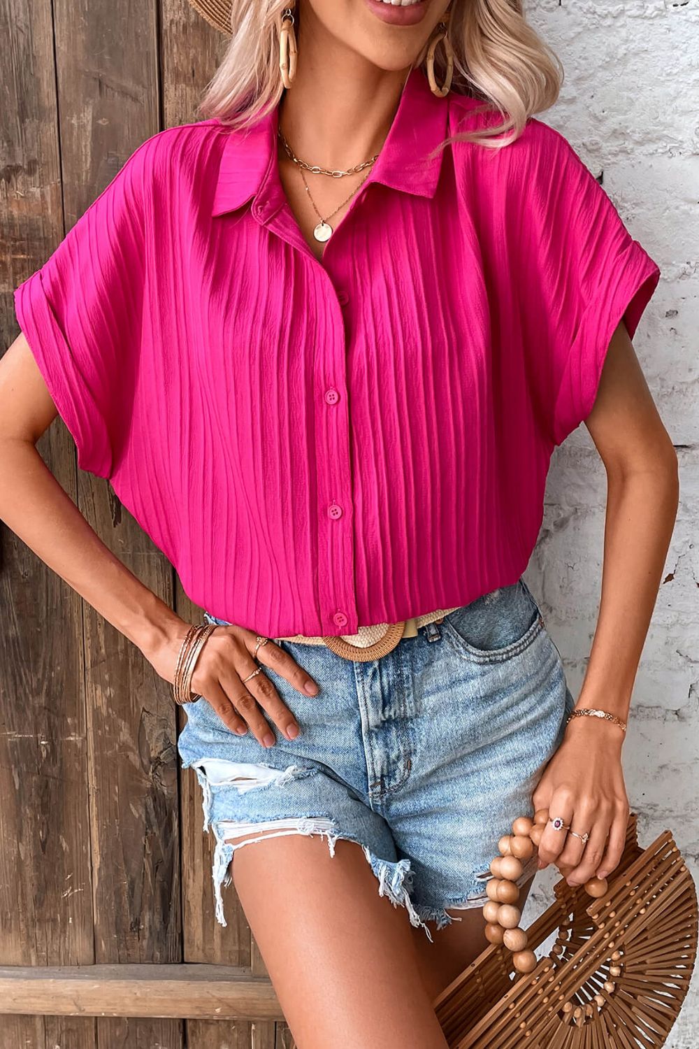 Textured Button-Up Cuffed Dolman Sleeve Shirt-Teresa&#39;s Fashionista LLC