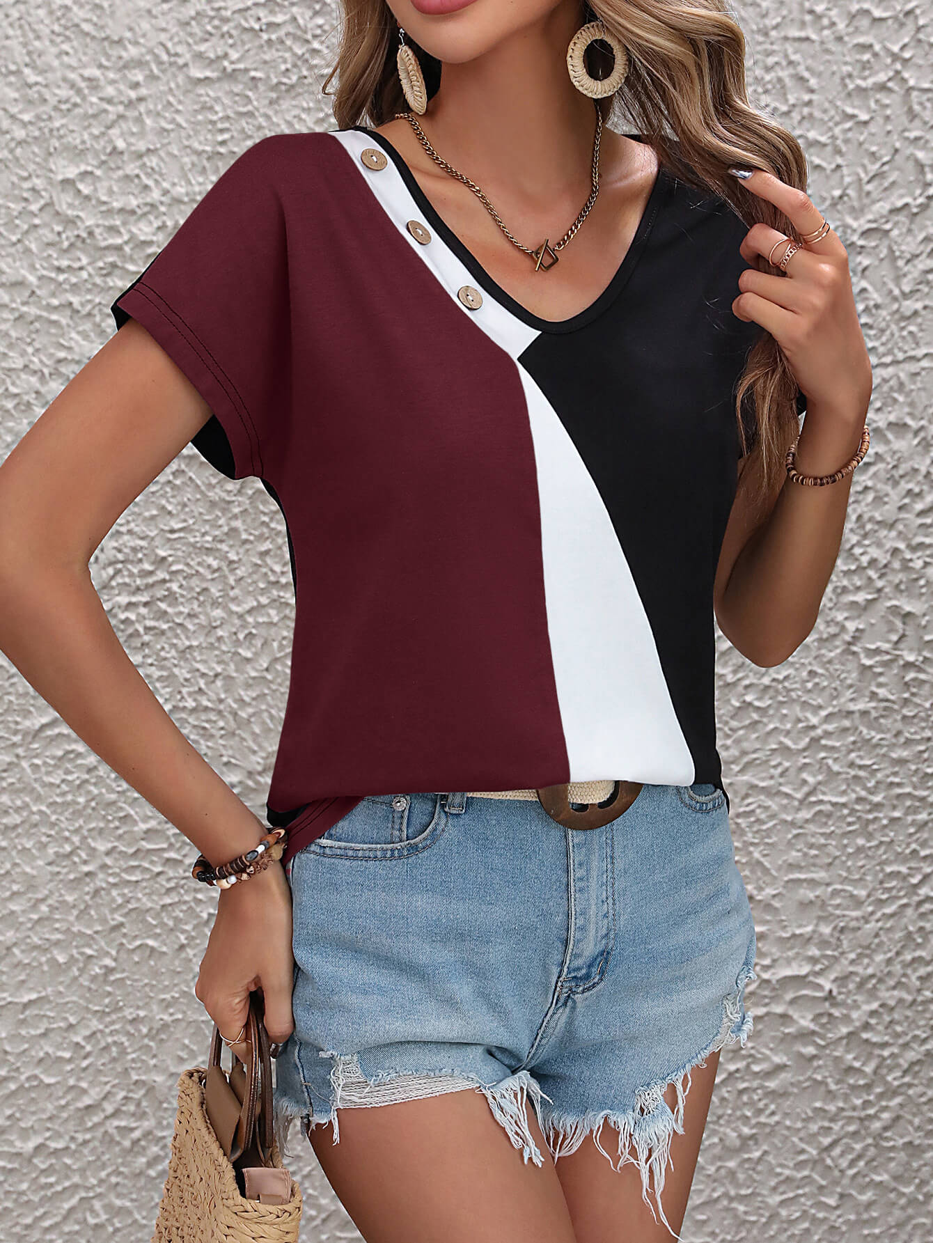 Color Block Decorative Button V-Neck Tee-Teresa&#39;s Fashionista LLC