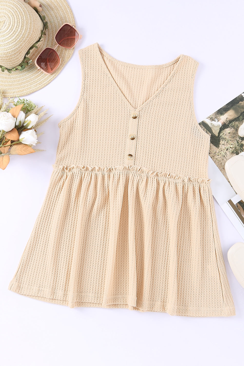 Decorative Button V-Neck Waffle-Knit Babydoll Tank-Teresa&#39;s Fashionista LLC