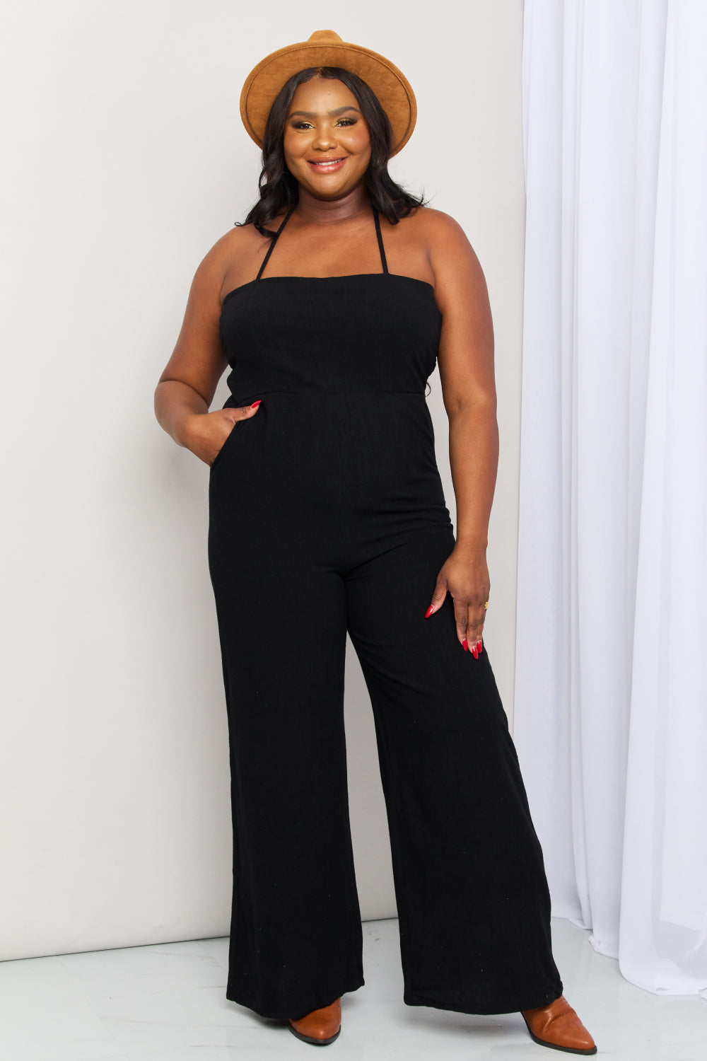 White Birch Full Size Halter Neck Wide Leg Jumpsuit with Pockets-Teresa&#39;s Fashionista LLC