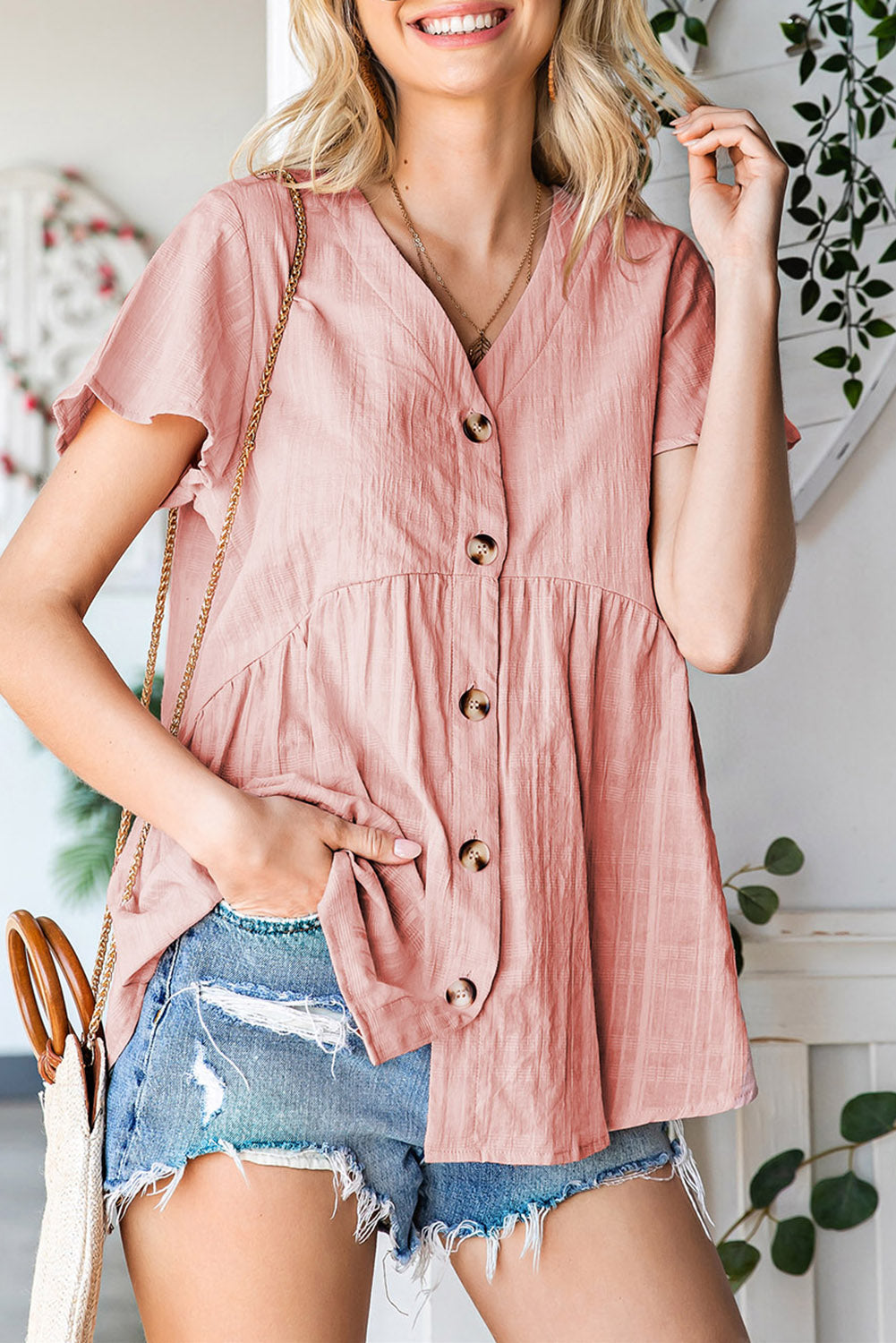 Button Down V-Neck Short Sleeve Shirt-Teresa&#39;s Fashionista LLC