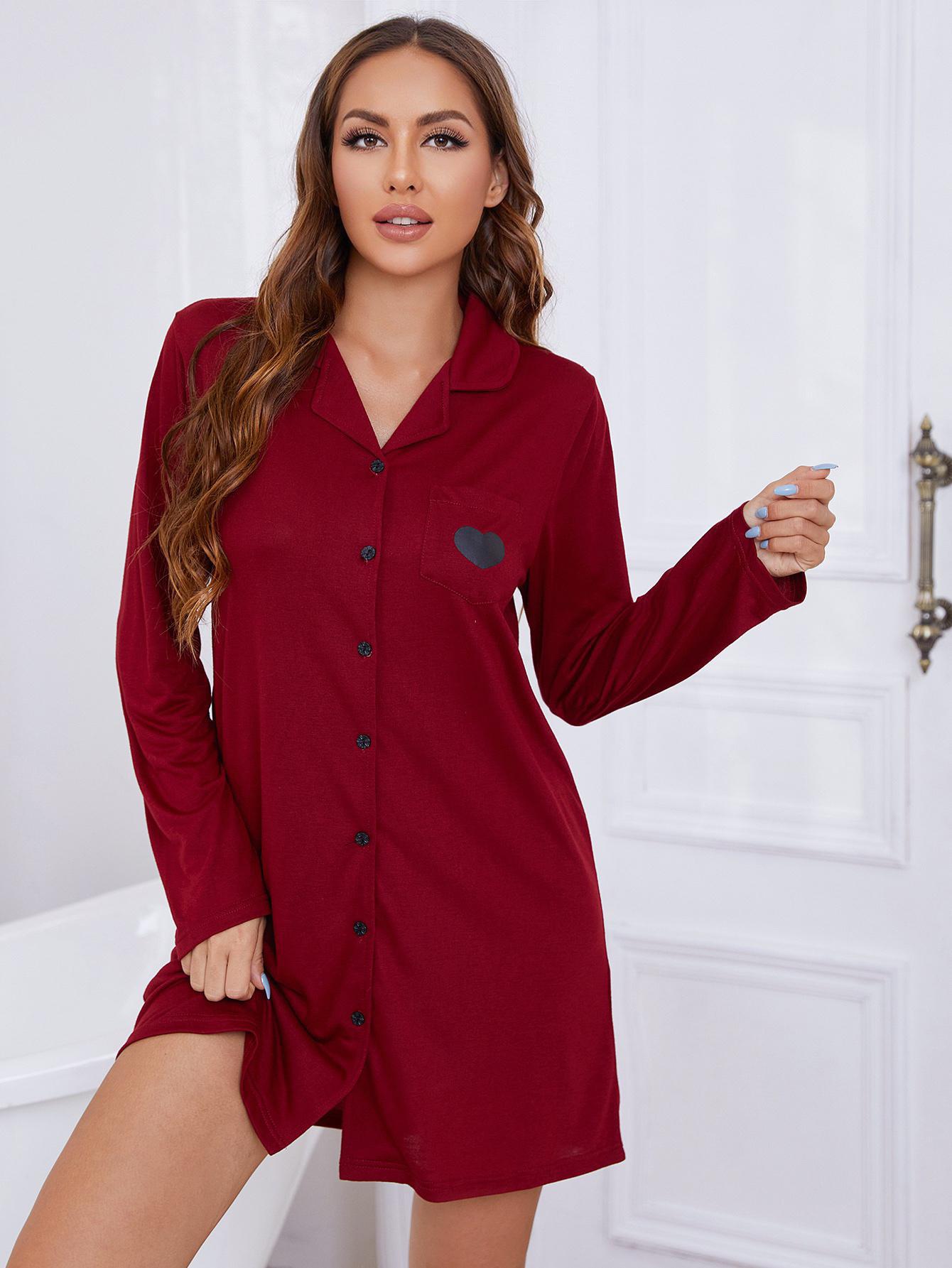 Heart Graphic Lapel Collar Long Sleeve Night Dress-Teresa&#39;s Fashionista LLC