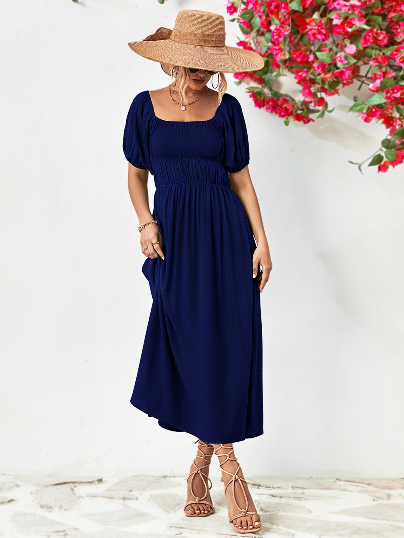 Off-Shoulder Balloon Sleeve Midi Dress-Teresa&#39;s Fashionista LLC