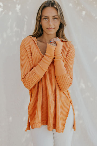 Waffle-Knit Slit Drop Shoulder Top-Teresa&#39;s Fashionista LLC