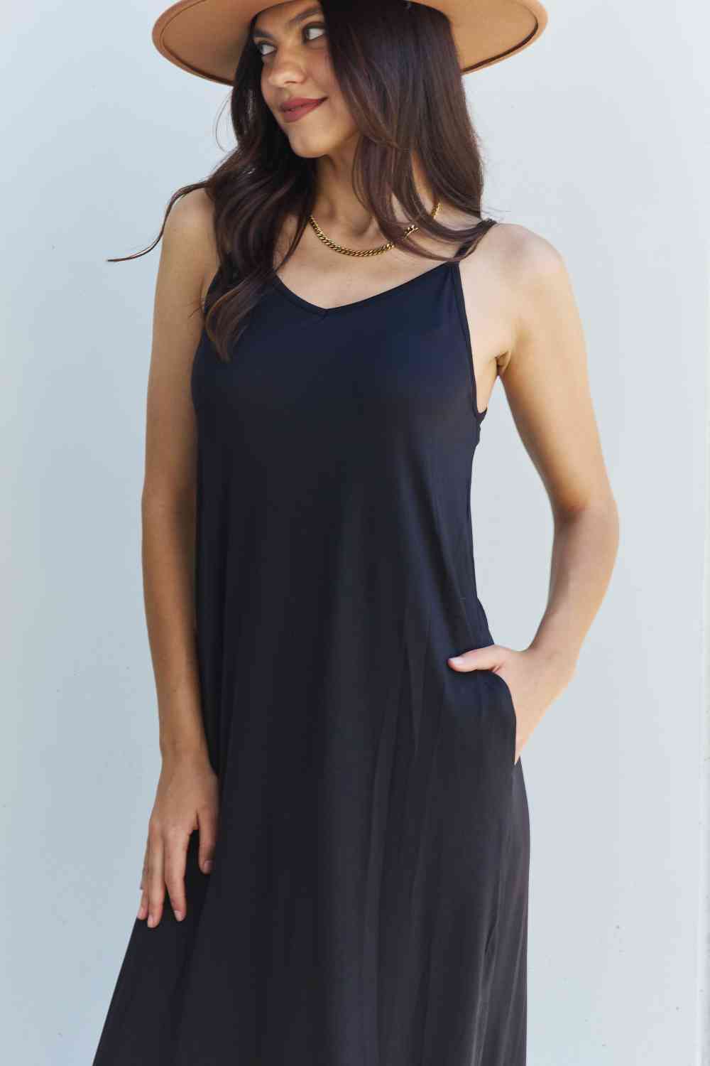 Ninexis Good Energy Full Size Cami Side Slit Maxi Dress in Black-Teresa&#39;s Fashionista LLC