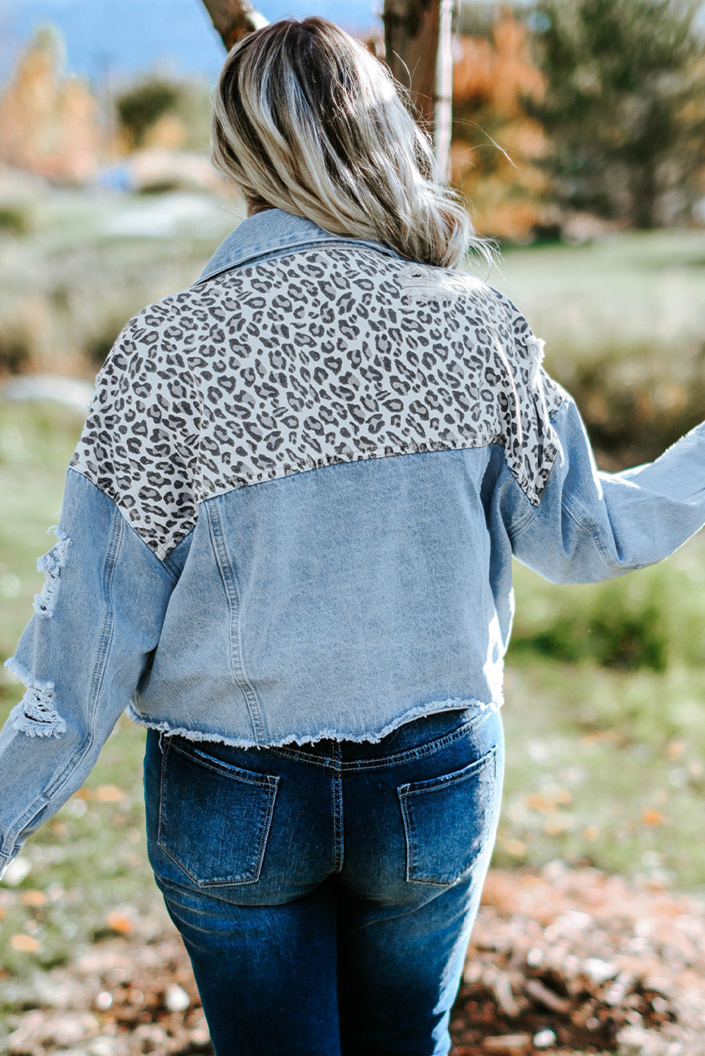 Plus Size Leopard Raw Hem Distressed Spliced Denim Jacket-Teresa&#39;s Fashionista LLC