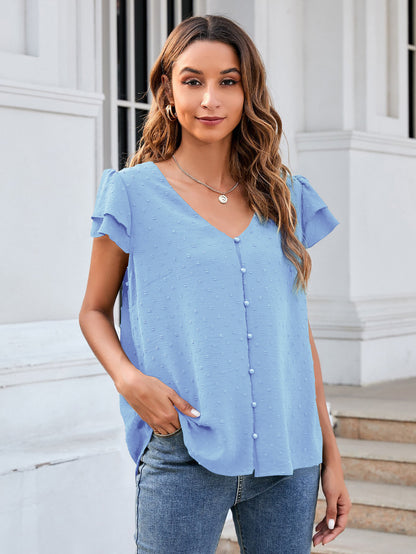 Swiss Dot Layered Flutter Sleeve Shirt-Teresa&#39;s Fashionista LLC