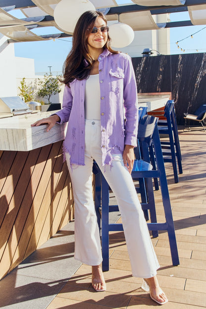 American Bazi Full Size Distressed Button Down Denim Jacket in Lavender-Teresa&#39;s Fashionista LLC