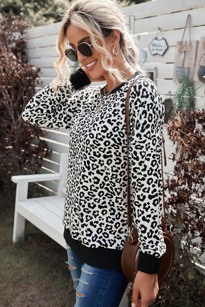 Leopard Contrast Trim Side Slit Sweatshirt-Teresa&#39;s Fashionista LLC