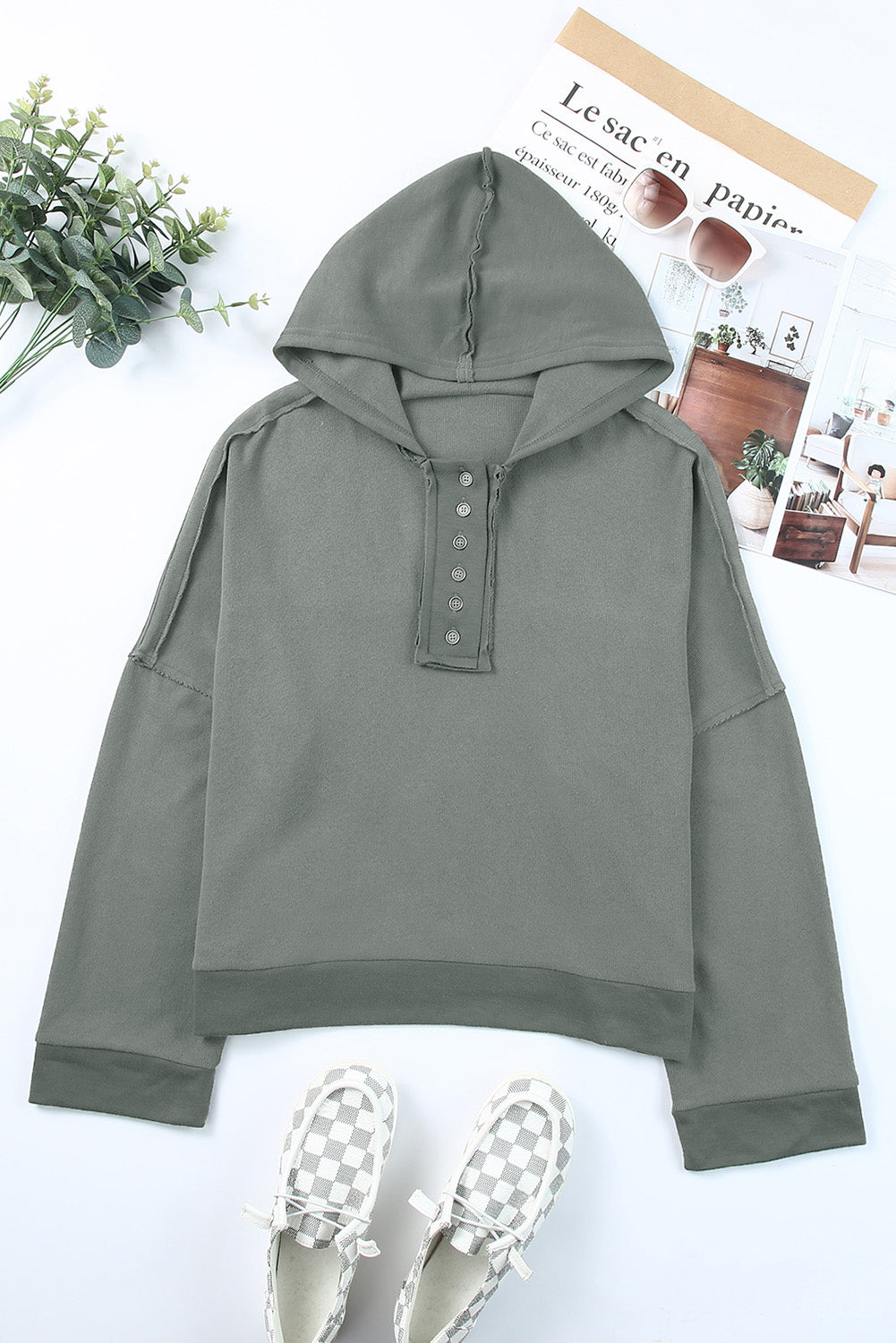 Quarter-Button Exposed Seam Dropped Shoulder Hoodie-Teresa&#39;s Fashionista LLC