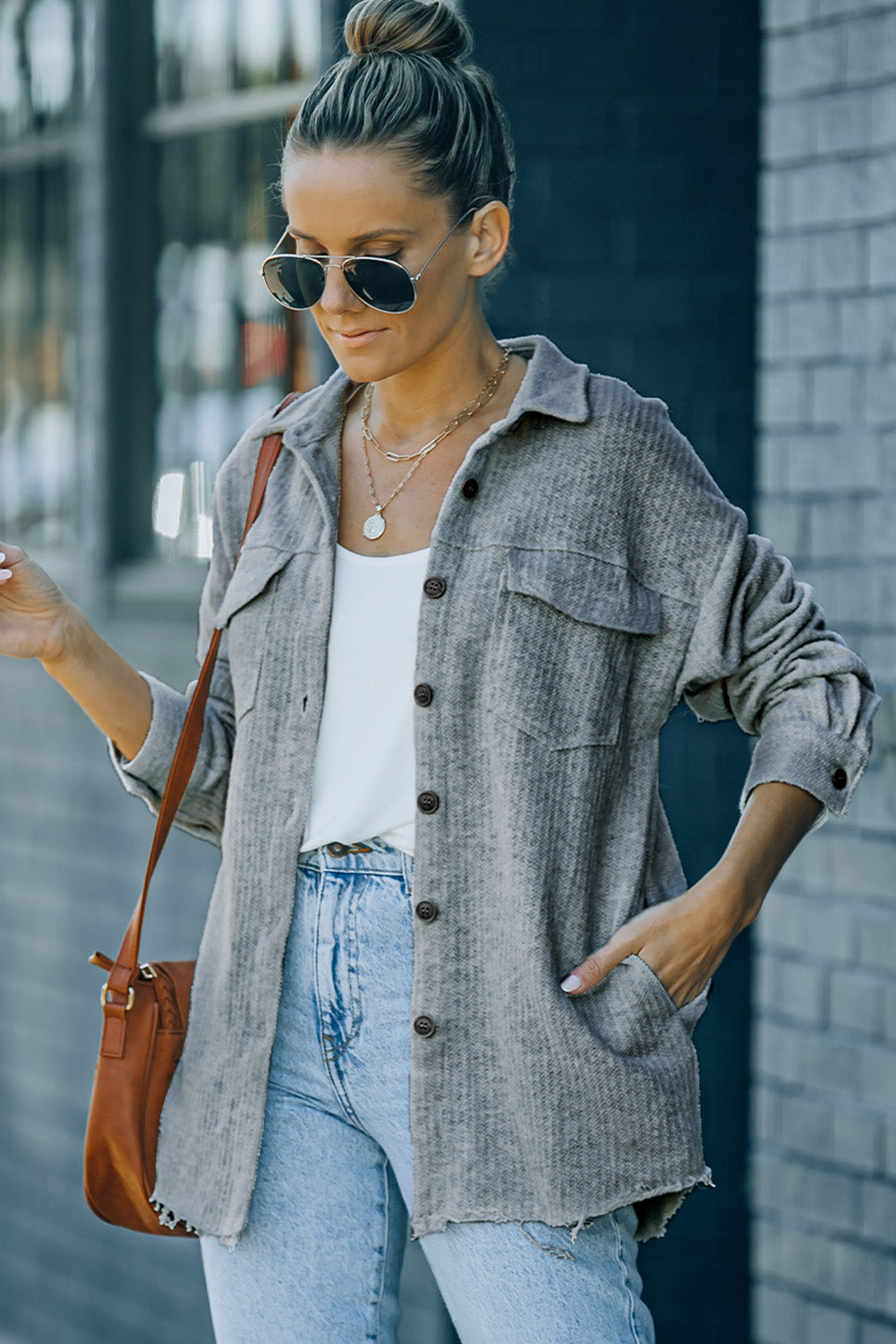 Textured Button Down Shirt Jacket with Pockets-Teresa&#39;s Fashionista LLC