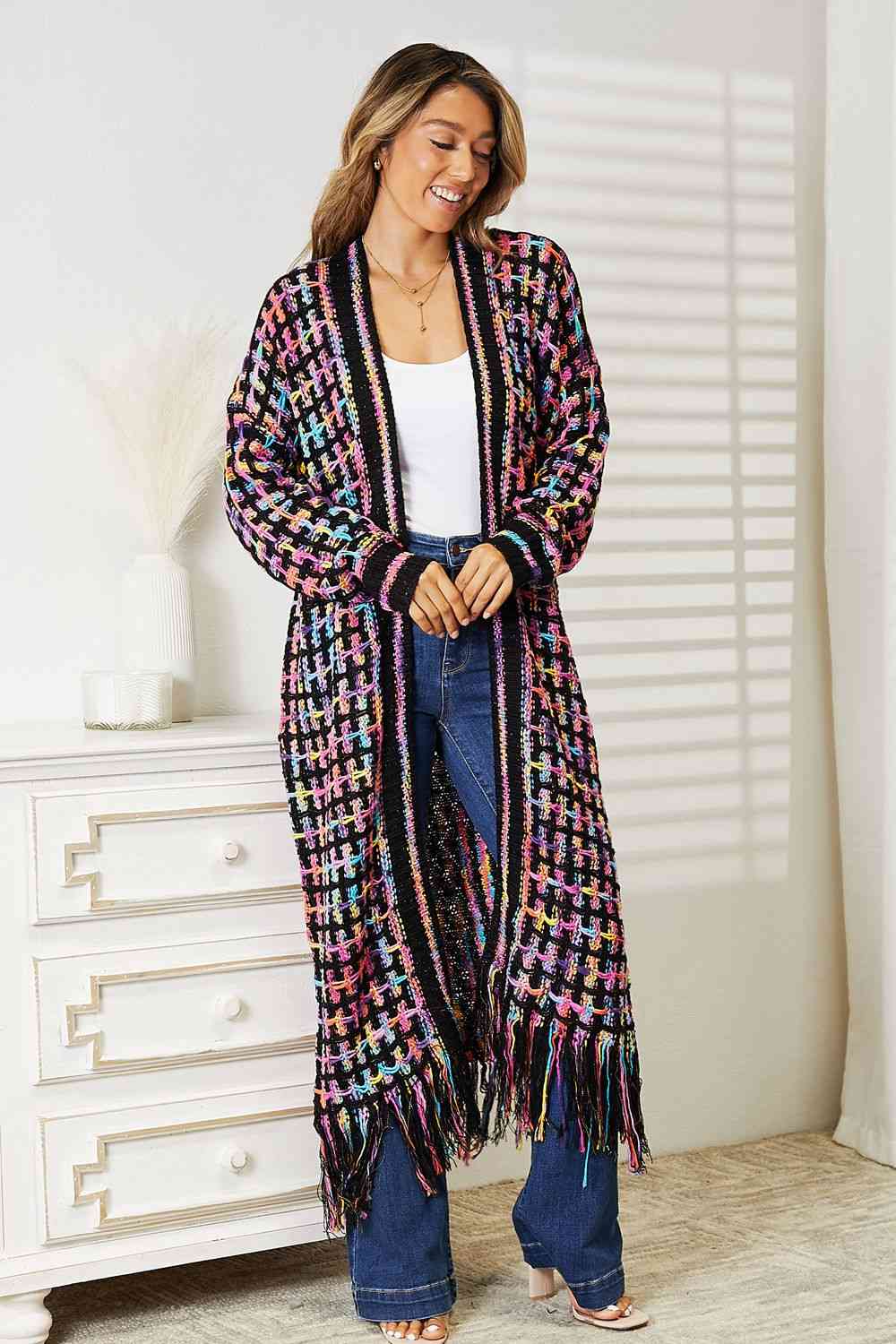 Double Take Full Size Multicolored Open Front Fringe Hem Cardigan-Teresa&#39;s Fashionista LLC