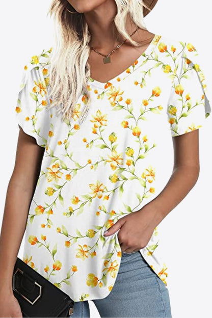 Printed Petal Sleeve V-Neck Blouse-Teresa&#39;s Fashionista LLC