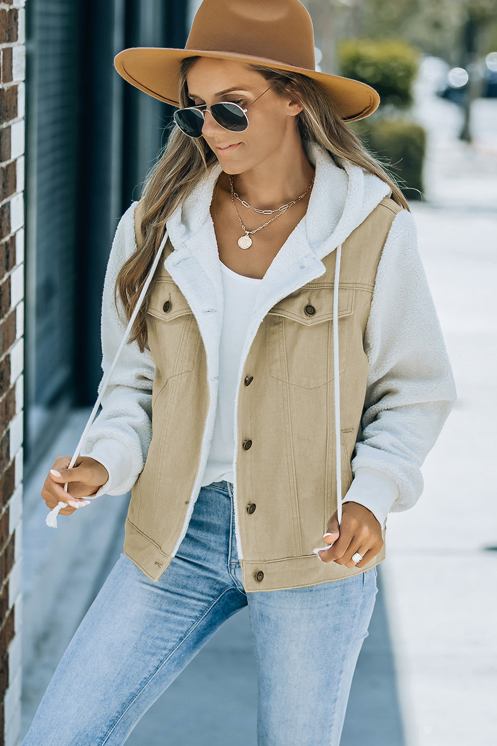 Two-Tone Spliced Denim Sherpa Hooded Jacket-Teresa&#39;s Fashionista LLC