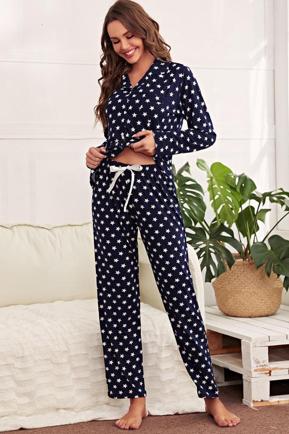 Star Print Button-Up Shirt and Pants Lounge Set-Teresa&#39;s Fashionista LLC