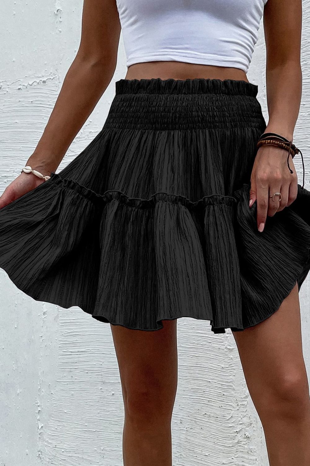 Smocked Waist Frill Trim Skirt-Teresa&#39;s Fashionista LLC