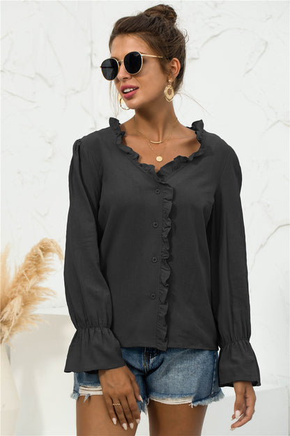 Frill Trim V-Neck Flounce Sleeve Shirt-Teresa&#39;s Fashionista LLC