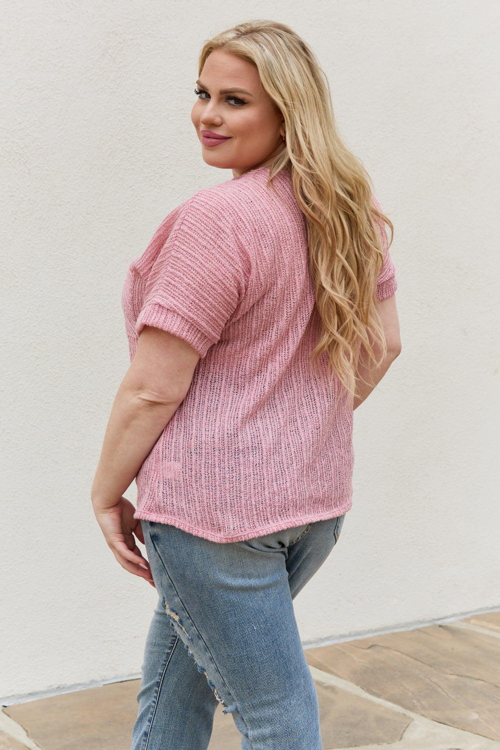 e.Luna Full Size Chunky Knit Short Sleeve Top in Mauve-Teresa&#39;s Fashionista LLC