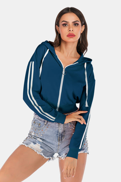 Side Stripe Drawstring Cropped Hooded Jacket-Teresa&#39;s Fashionista LLC